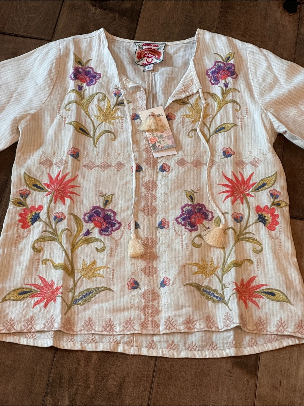 NWT JOHNNY WAS XS Calista Floral Embroidered Linen Blouse Women's Top